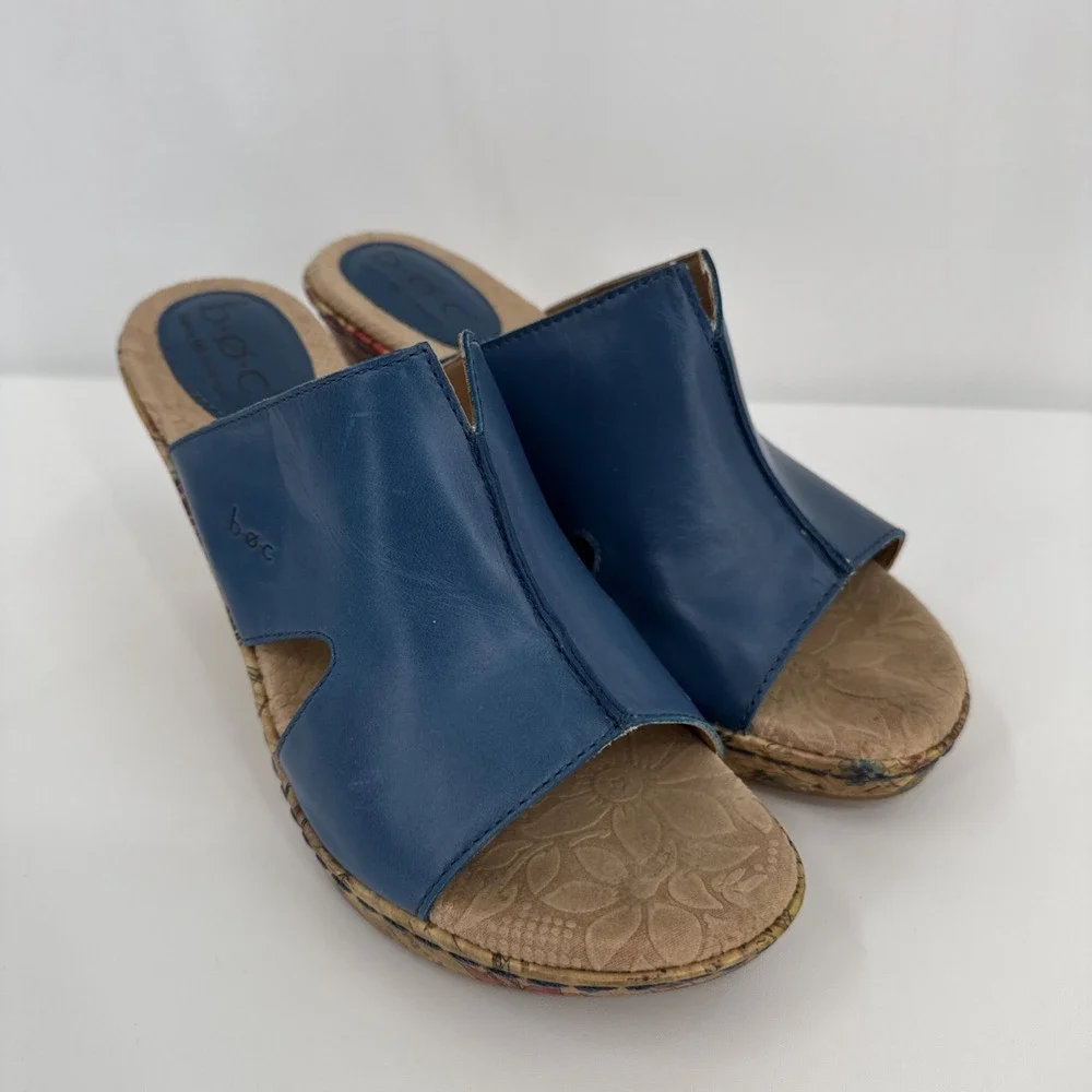 Born Casaba C34104 Blue Leather Floral Slip Womens Cork Wedge - Size 8M - Picture 2 of 11